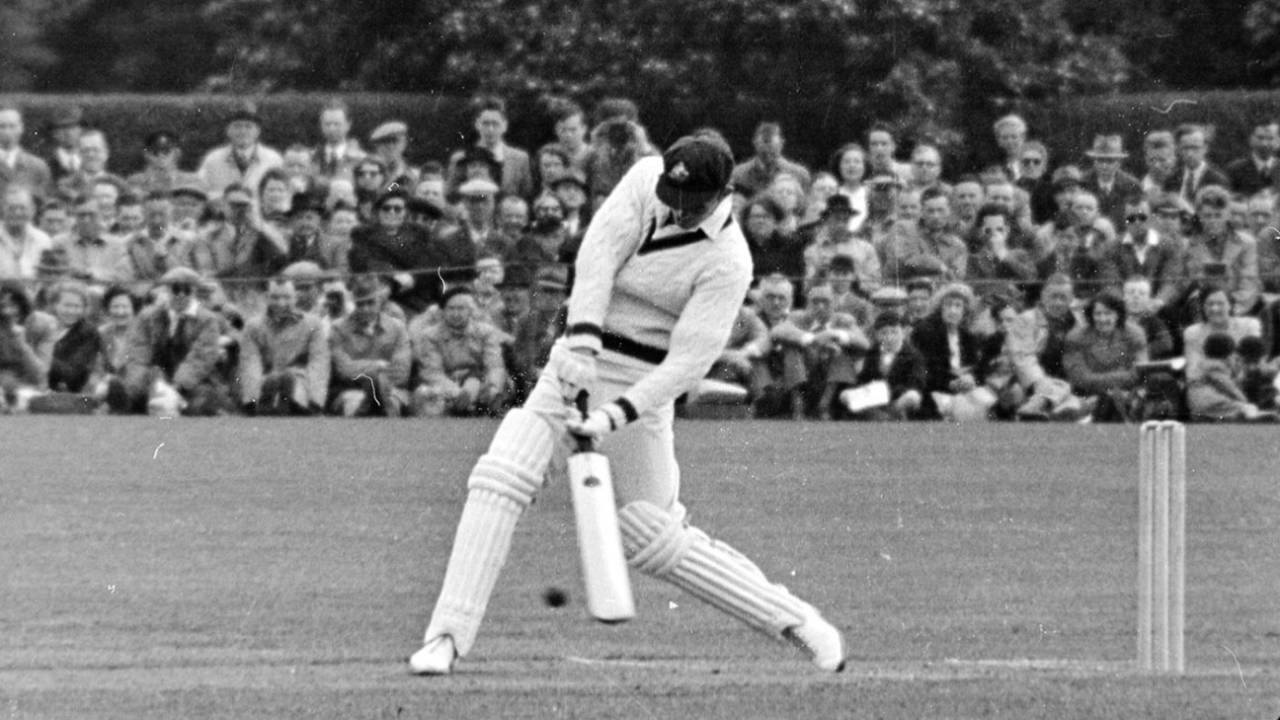 Ernie Toshack looks to hit a six, June 12, 1948