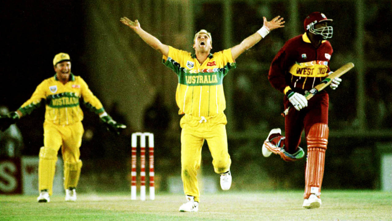 Shane Warne celebrates the wicket of Ian Bishop, Australia v West Indies, 2nd semi-final, World Cup, Mohali, March 14, 1996