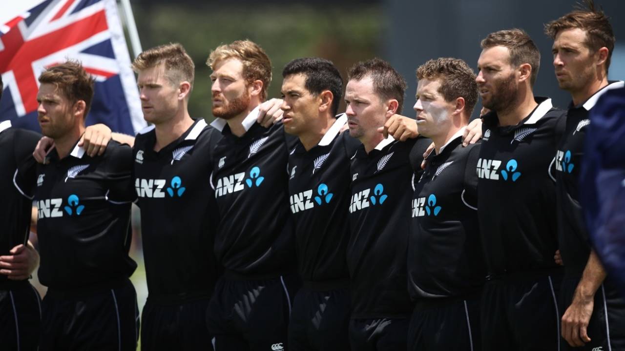New Zealand players line up for the national anthem, New Zealand v Sri Lanka, 1st ODI, Mount Maunganui, January 3, 2019