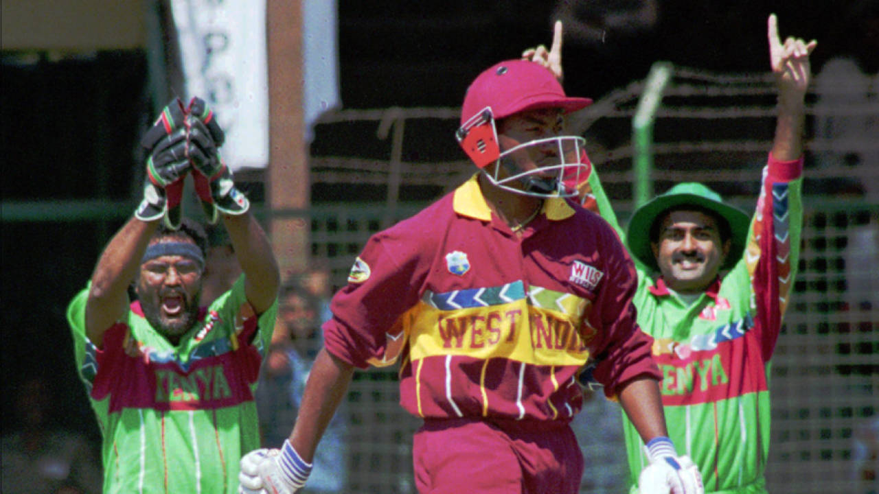 A tale for the grandchildren: Tariq Iqbal and Aasif Karim celebrate Brian Lara's wicket in one of the biggest upsets in World Cup history&nbsp;&nbsp;&bull;&nbsp;&nbsp;Associated Press