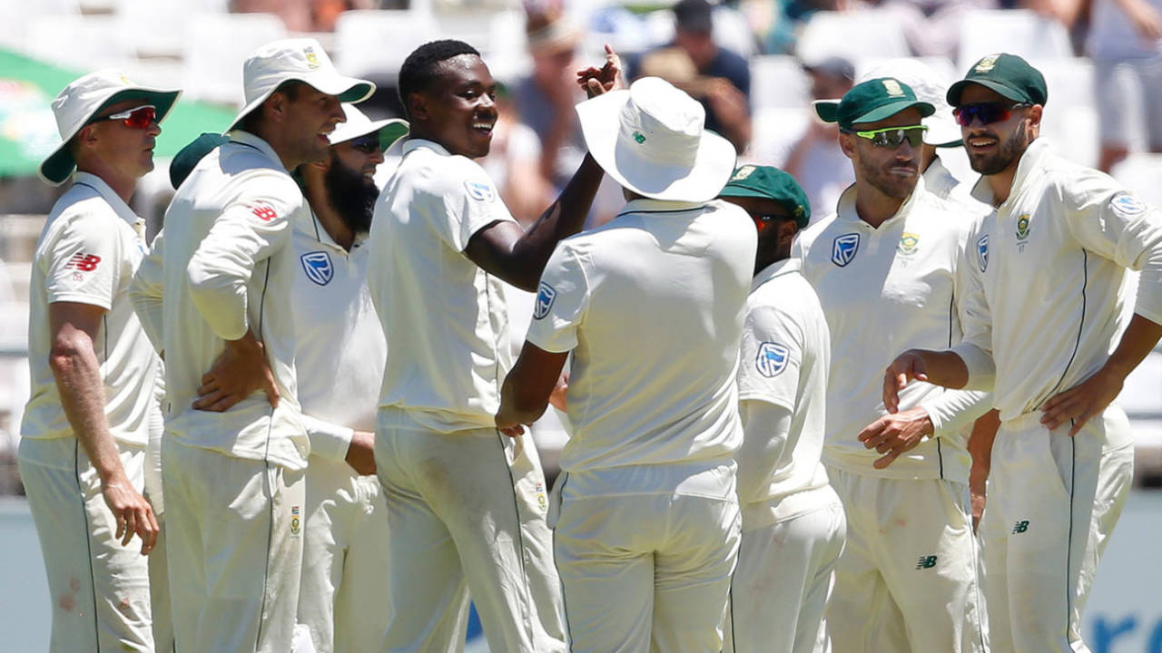 Kagiso Rabada celebrates with his team-mates, South Africa v Pakistan, 2nd Test, Cape Town, 1st day, January 3, 2018