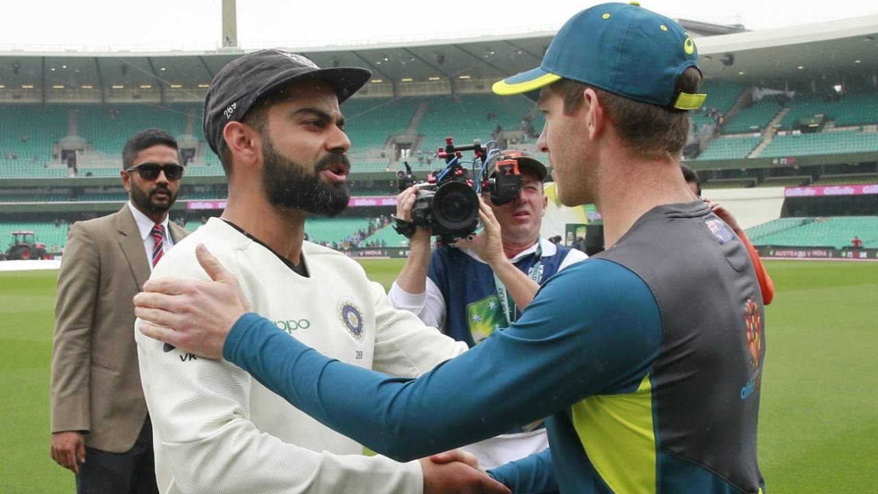 Virat Kohli and Tim Paine shake hands after the series, Australia v India, 4th Test, Sydney, 5th day, January 7, 2019