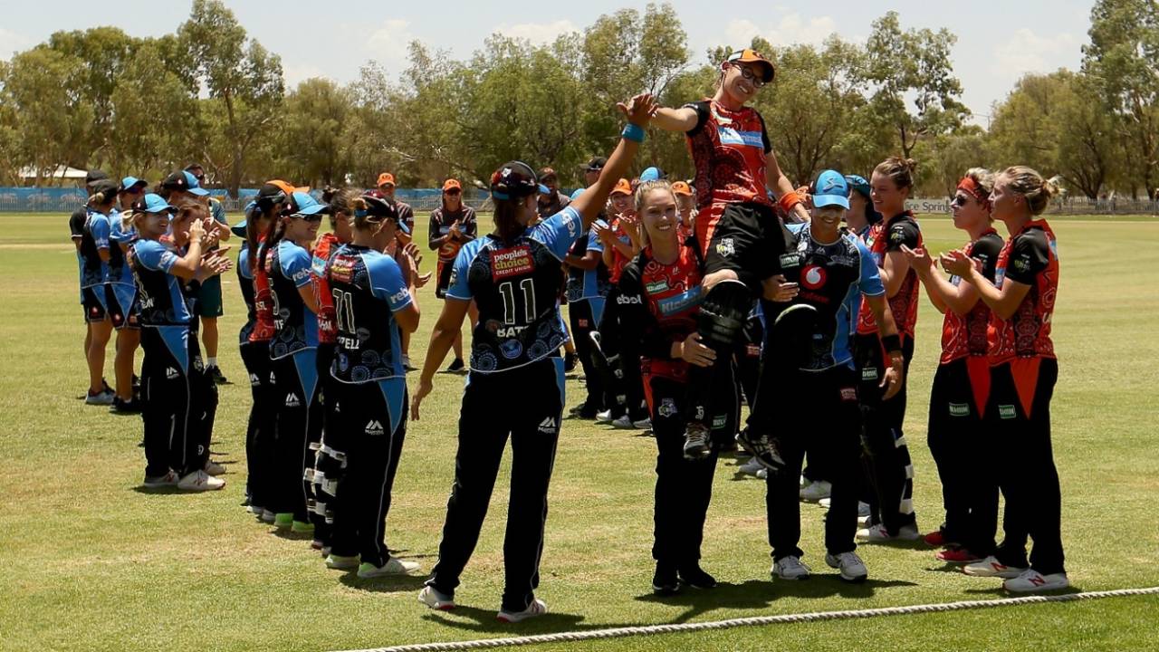 Lauren Ebsary is carried off the field after her last game, Perth Scorchers v Adelaide Strikers, Women's Big Bash League, Alice Springs, January 13, 2019