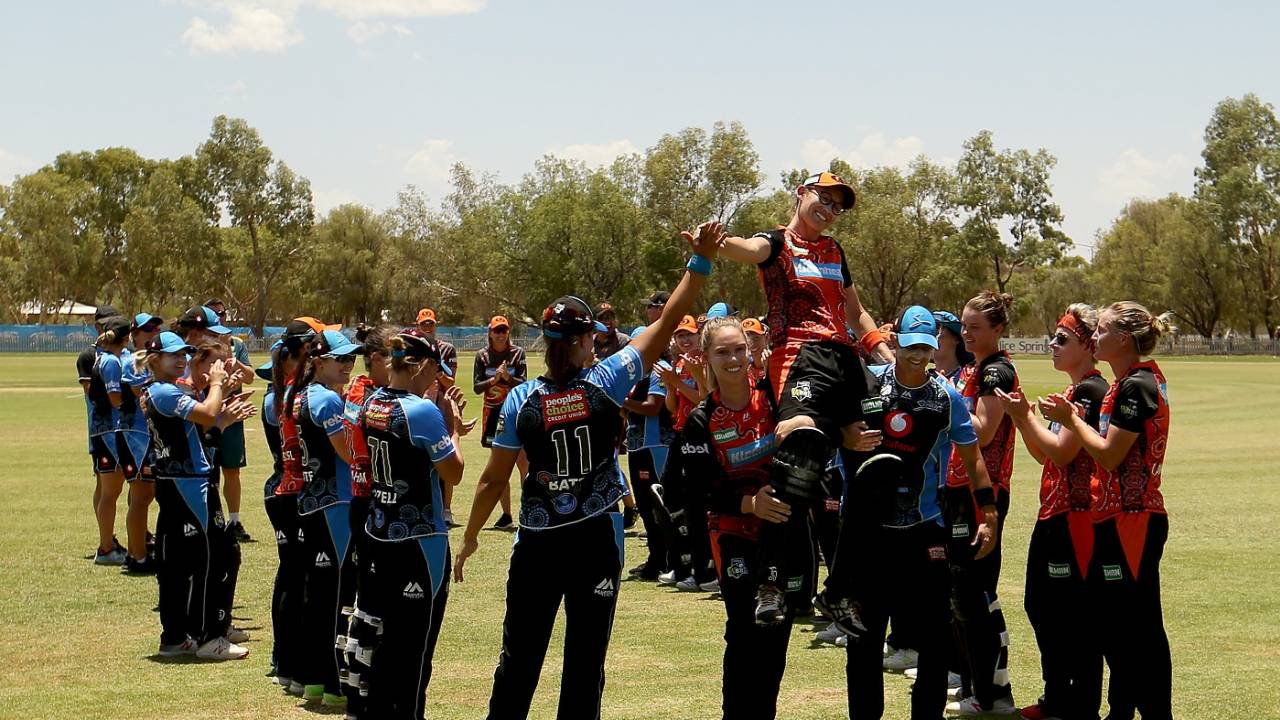 Lauren Ebsary is carried off the field after her last game, Perth Scorchers v Adelaide Strikers, Women's Big Bash League, Alice Springs, January 13, 2019