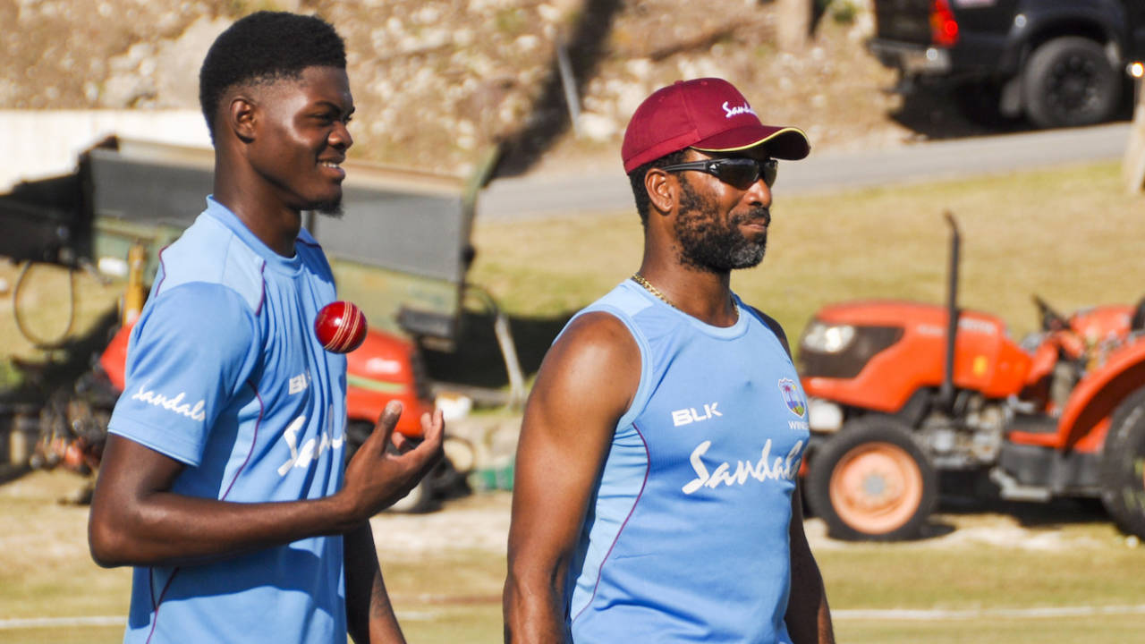 Alzarri Joseph trains with bowling coach Corey Collymore, Barbados, January 14, 2019