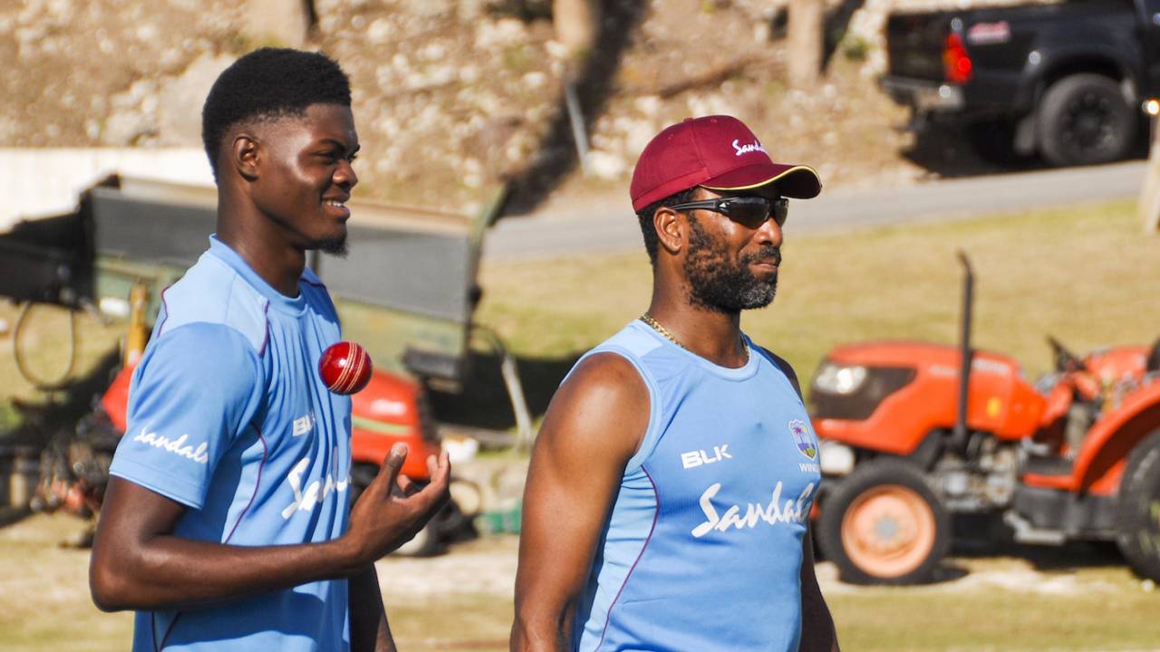 Alzarri Joseph trains with bowling coach Corey Collymore, Barbados, January 14, 2019