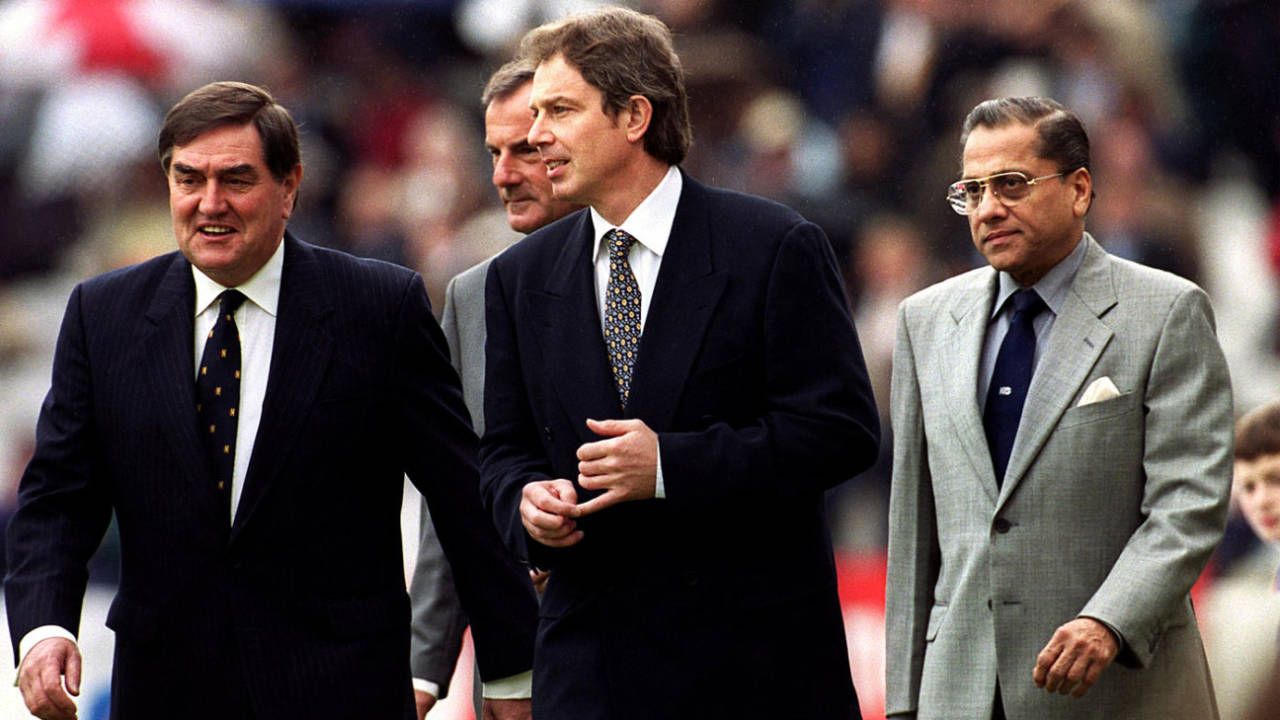 Tony Lewis, Tony Blair, Lord MacLaurin and Jagmohan Dalmiya at the 1999 World Cup opening ceremony, Lord's, May 14, 1999