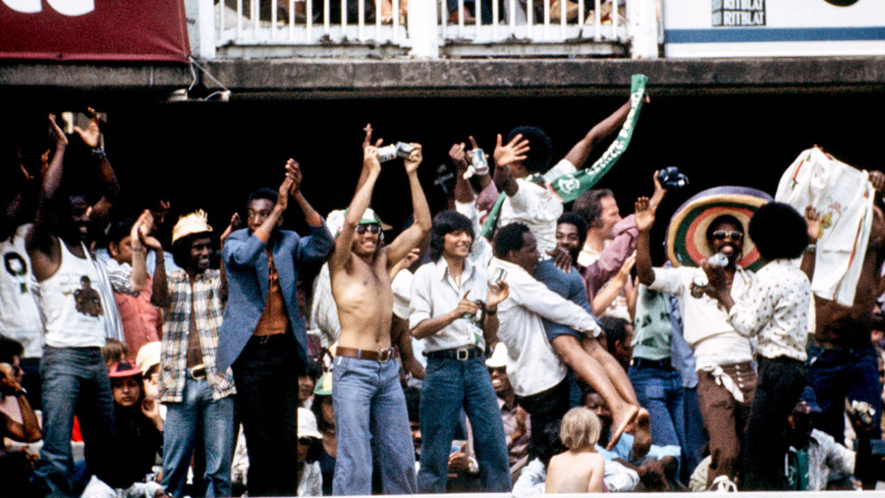 West Indies fans celebrate the fall of an Australian wicket, Australia v West Indies, World Cup final, Lord's, June 21, 1975
