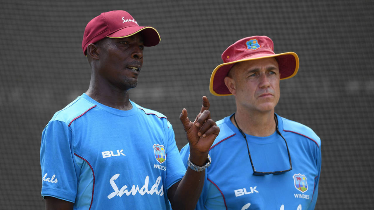 Vasbert Drakes and Richard Pybus at West Indies training&nbsp;&nbsp;&bull;&nbsp;&nbsp;Getty Images