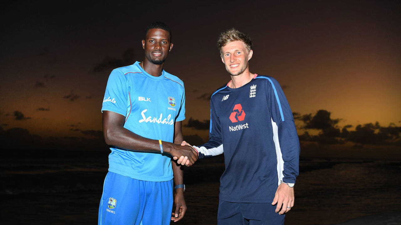 Jason Holder and Joe Root shake hands on the eve of the first Test, Barbados, January 21, 2019