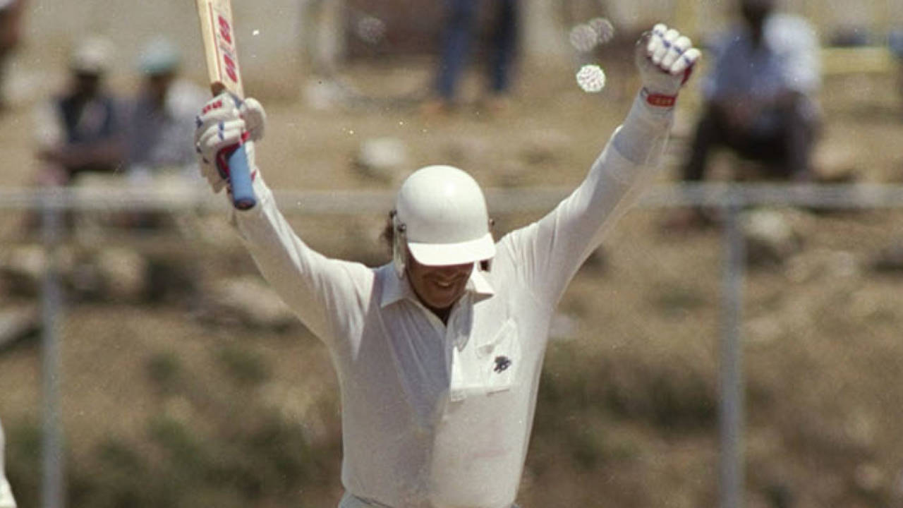 Wayne Larkins of England celebrates the winning run during the 1st Test match in Jamaica England tour of West Indies, 1990.