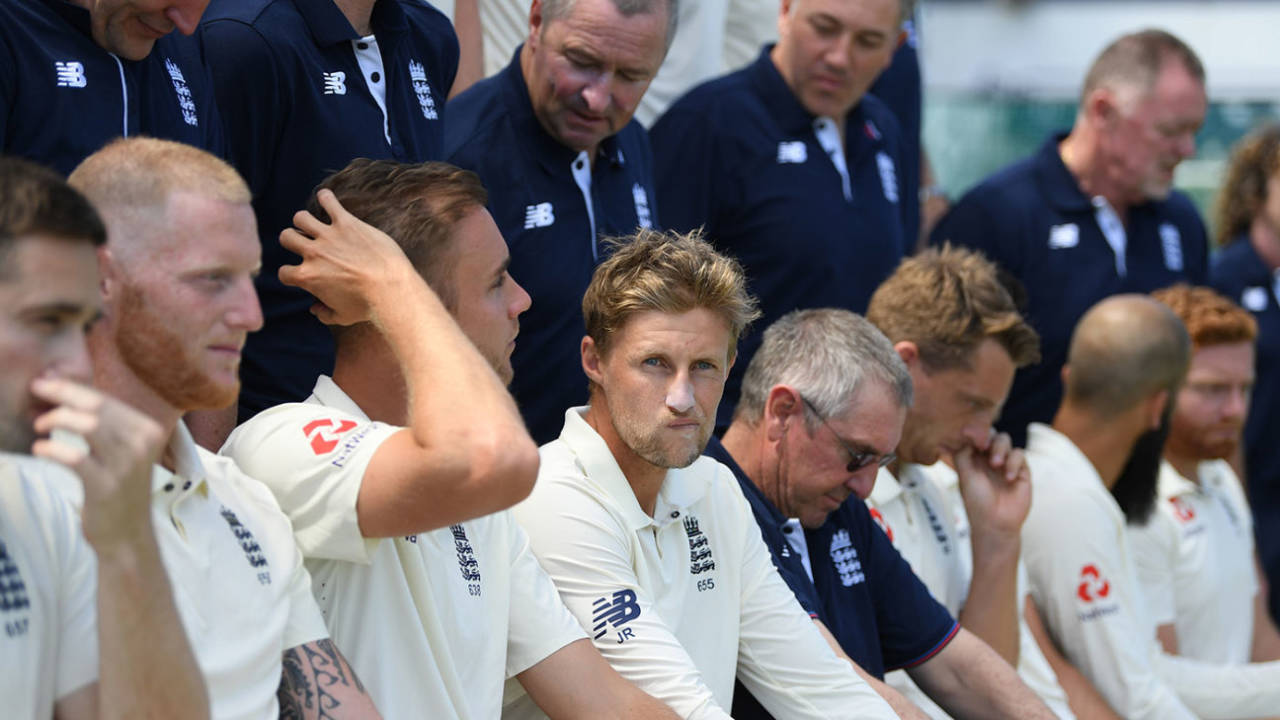 Joe Root takes centre stage at the England team photo on the eve of the first Test, Barbados, January 21, 2019