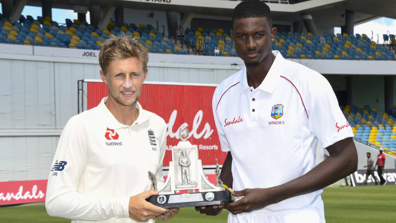 Captains Jason Holder and Joe Root with the Wisden Trophy, Bridgetown, January 22, 2019