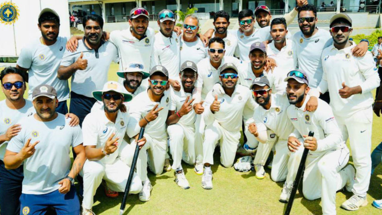 The victorious Kerala team after entering their first-ever Ranji Trophy semi-final