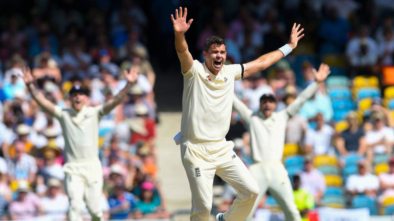 James Anderson appeals for a wicket, West Indies v England, 1st Test, Barbados, 1st day, January 23, 2019