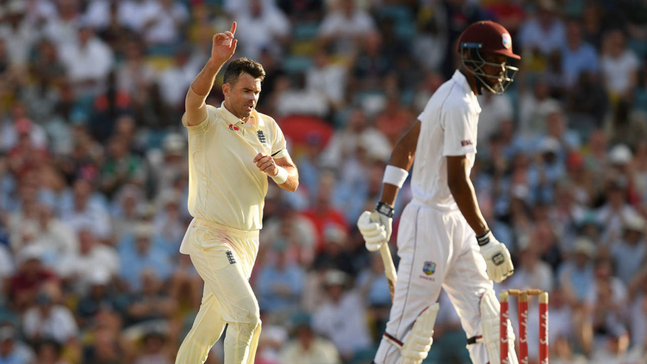 James Anderson claims the scalp of Roston Chase, West Indies v England, 1st Test, Barbados, 1st day, January 23, 2019
