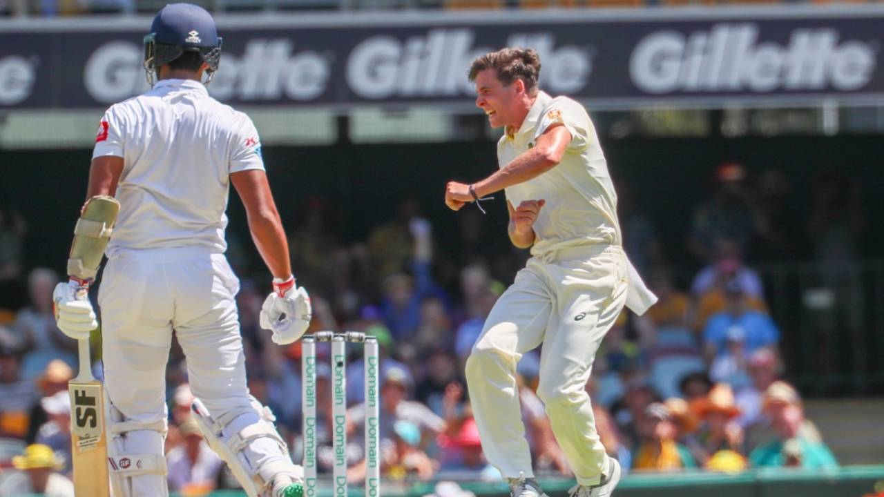 Jhye Richardson punches the air after picking up his first Test wicket&nbsp;&nbsp;&bull;&nbsp;&nbsp;Getty Images