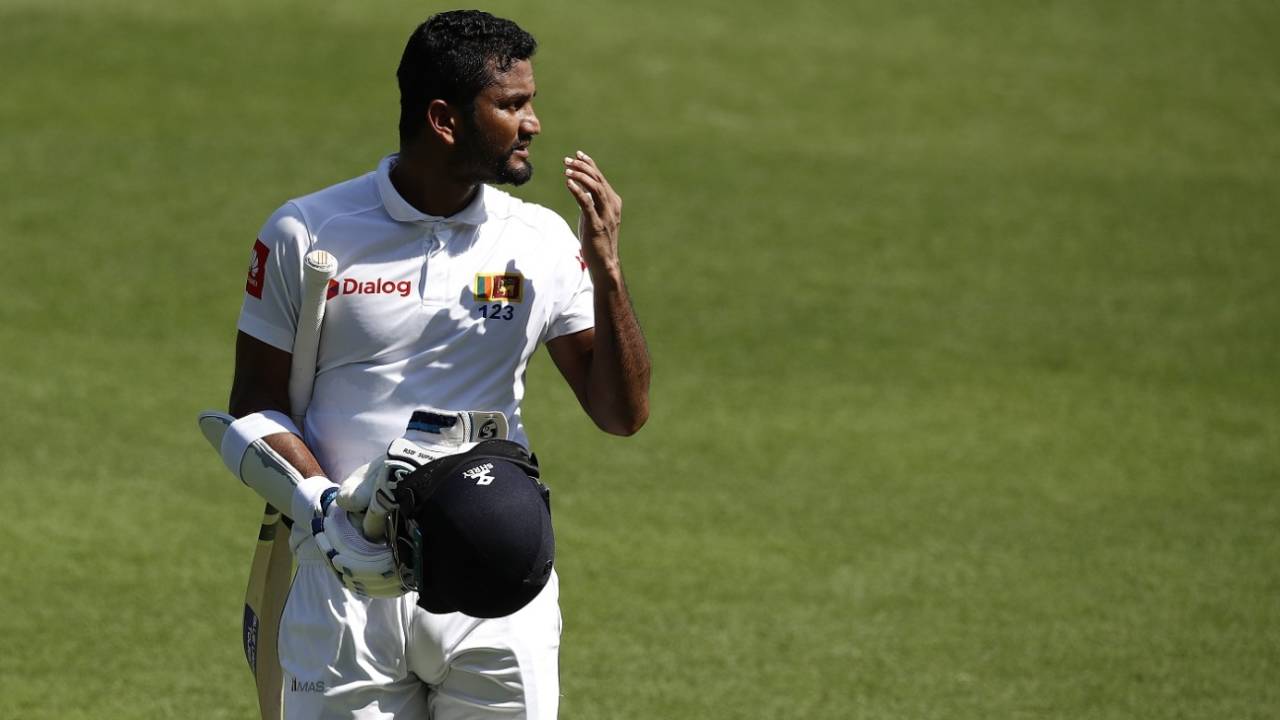 Dimuth Karunaratne walks back after slashing a cut to the keeper, Australia v Sri Lanka, 1st Test, Brisbane, 1st day, January 24, 2019