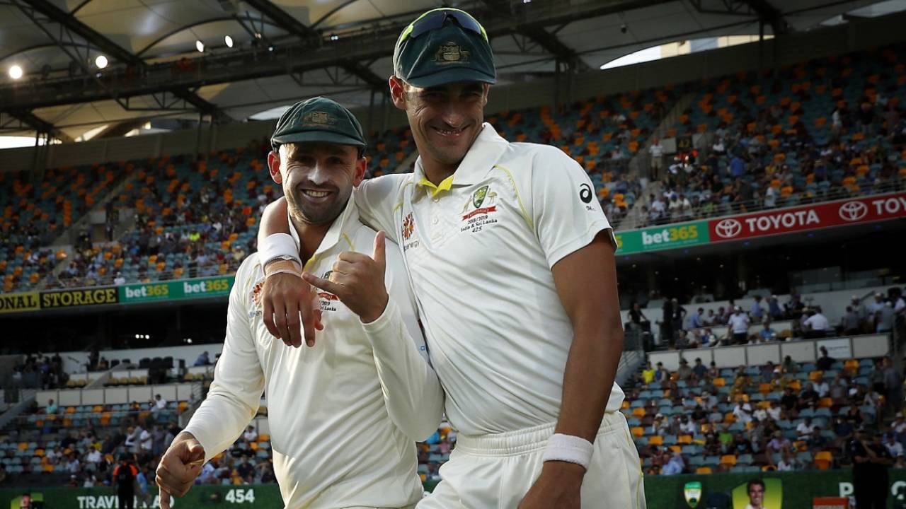 Nathan Lyon and Mitchell Starc share a light moment before the final session, Australia v Sri Lanka, 1st Test, Brisbane, 1st day, January 24, 2019