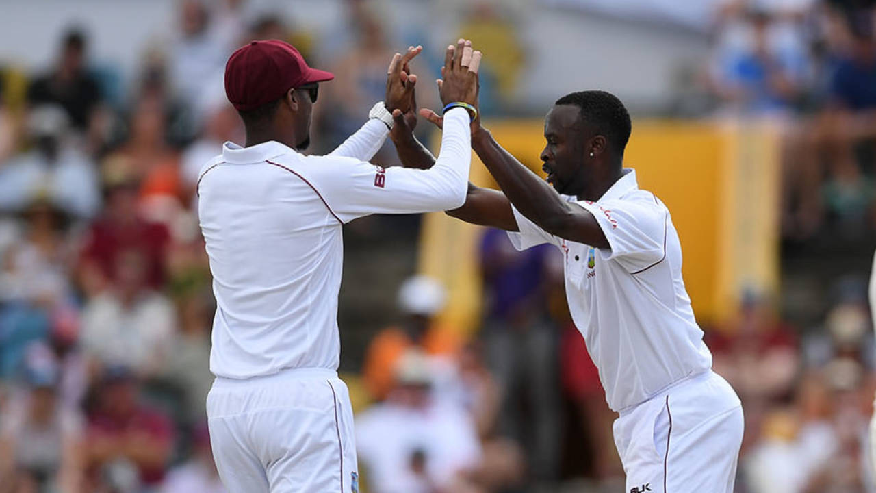 Kemar Roach of West Indies celebrates after taking the wicket of Jonny Bairstow, West Indies v England, 1st Test, Barbados, 2nd day, January 24, 2019