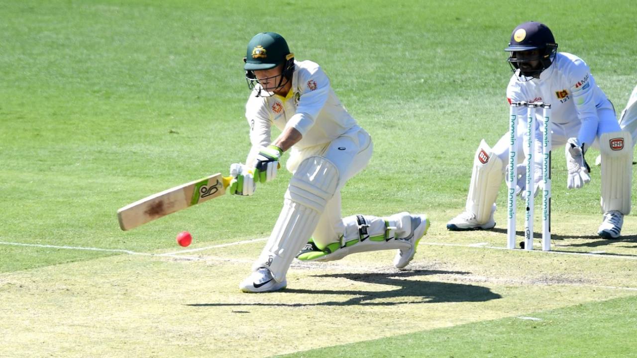 Marnus Labuschagne sweeps towards the leg side, Australia v Sri Lanka, 1st Test, Brisbane, 2nd day, January 25, 2019