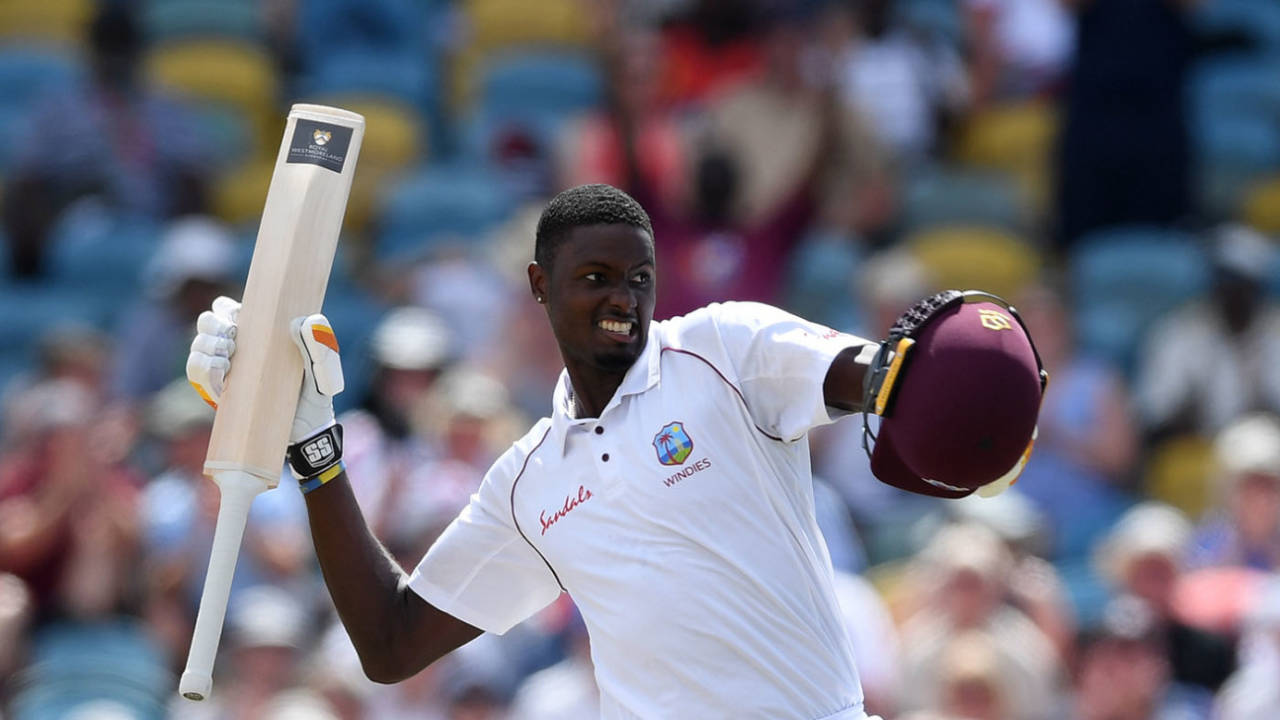 Jason Holder celebrates reaching his third Test hundred, West Indies v England, 1st Test, Barbados, 3rd day, January 25, 2019