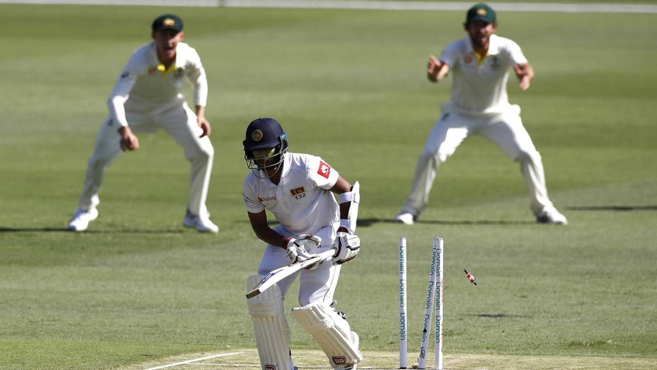 Kusal Mendis loses his middle stumps, Australia v Sri Lanka, 1st Test, Brisbane, 1st day, January 24, 2019