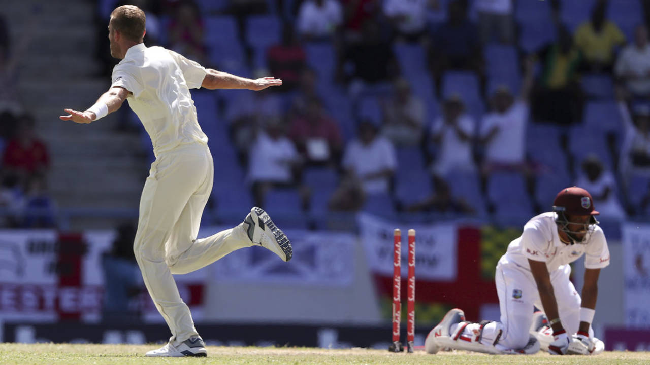 Stuart Broad removed Roston Chase's off stump (and left him on his knees), West Indies v England, 2nd Test, second day, Antigua, February 1, 2019
