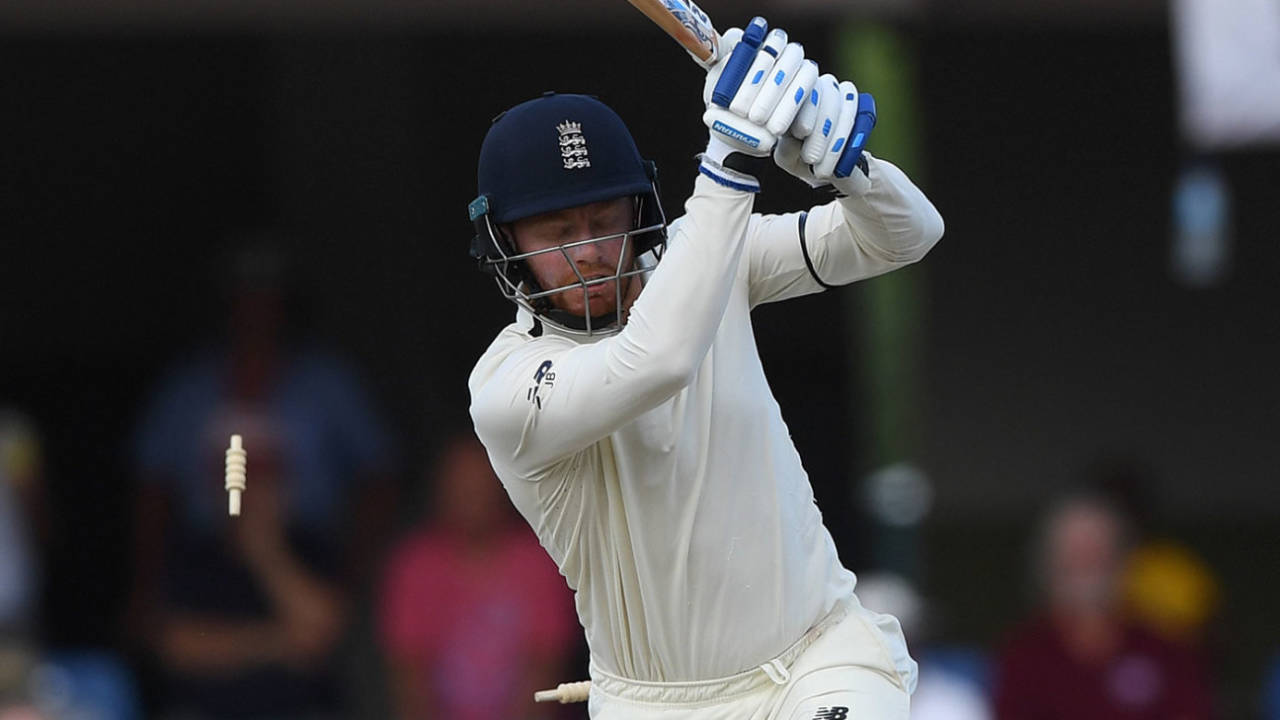 Jonny Bairstow winces after being bowled by Jason Holder, West Indies v England, 2nd Test, 3rd day, Antigua, February 2, 2019