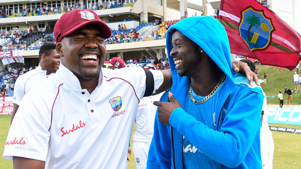 Darren Bravo and Kemar Roach celebrate West Indies' series win&nbsp;&nbsp;&bull;&nbsp;&nbsp;Getty Images
