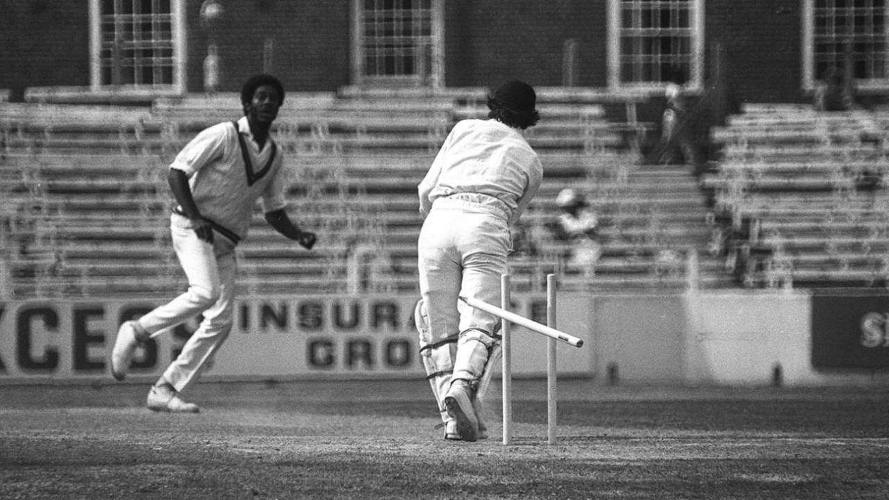 Michael Holding sends Alan Knott's middle stump cartwheeling, England v West Indies, 5th Test, The Oval, 4th day, August 16, 1976
