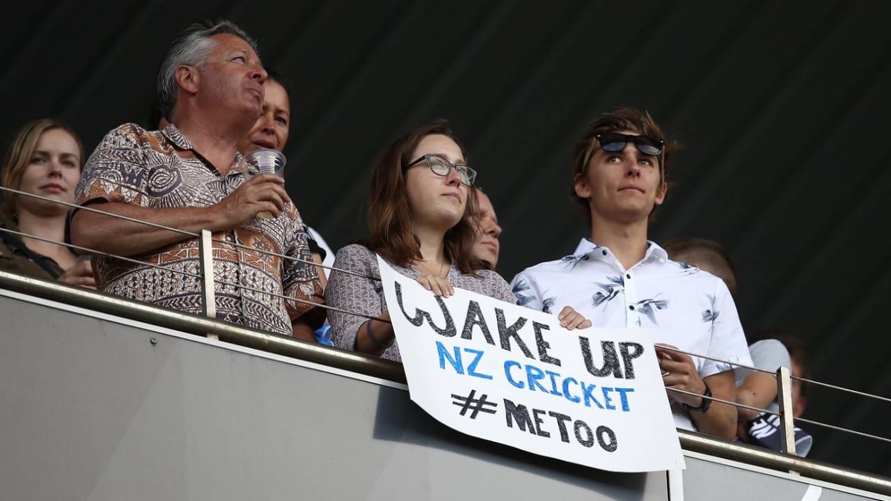 A poster referring to the #MeToo movement at Eden Park on Friday, New Zealand v India, 2nd T20I, Auckland, February 8, 2019