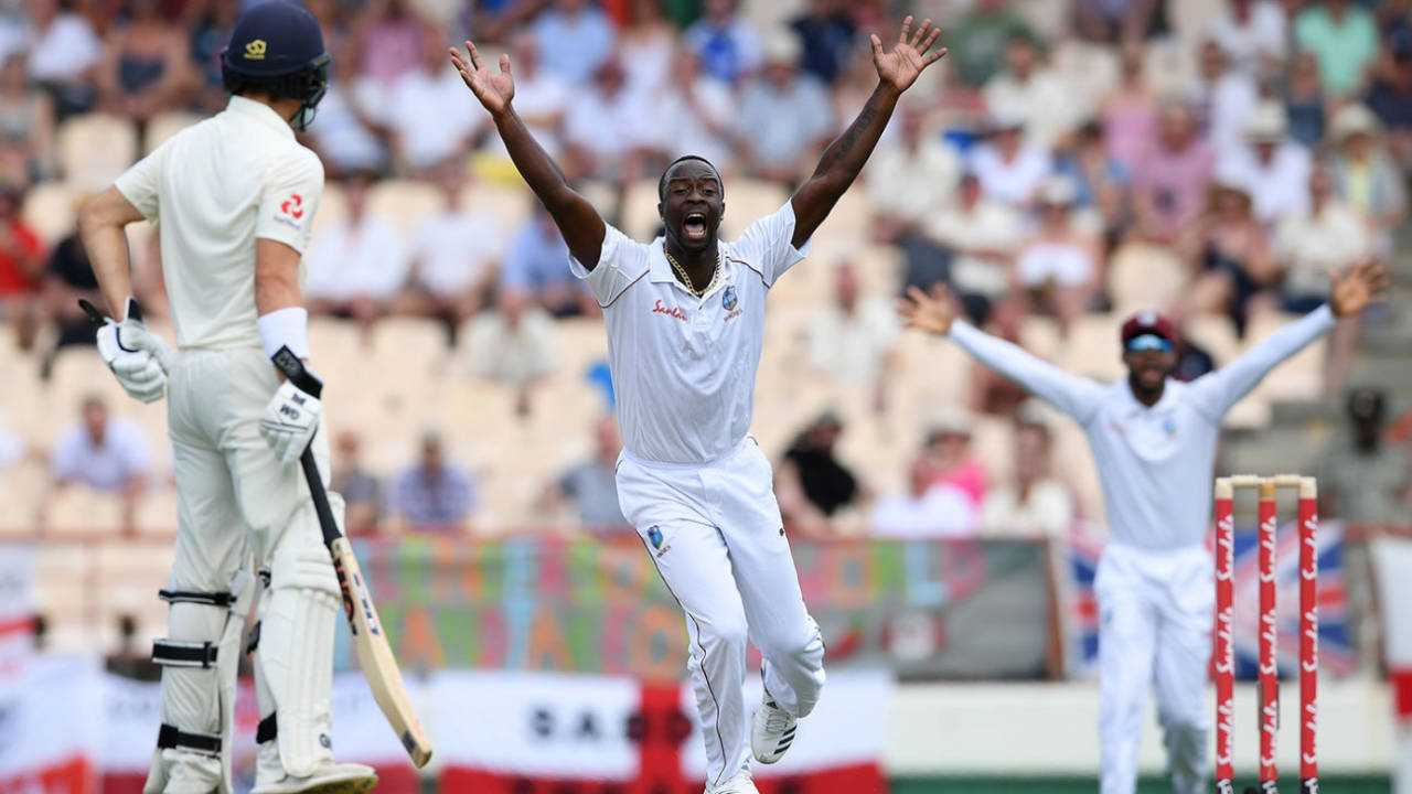Kemar Roach launches into a loud appeal, West Indies v England, 3rd Test, St Lucia, 1st day, February 9, 2019