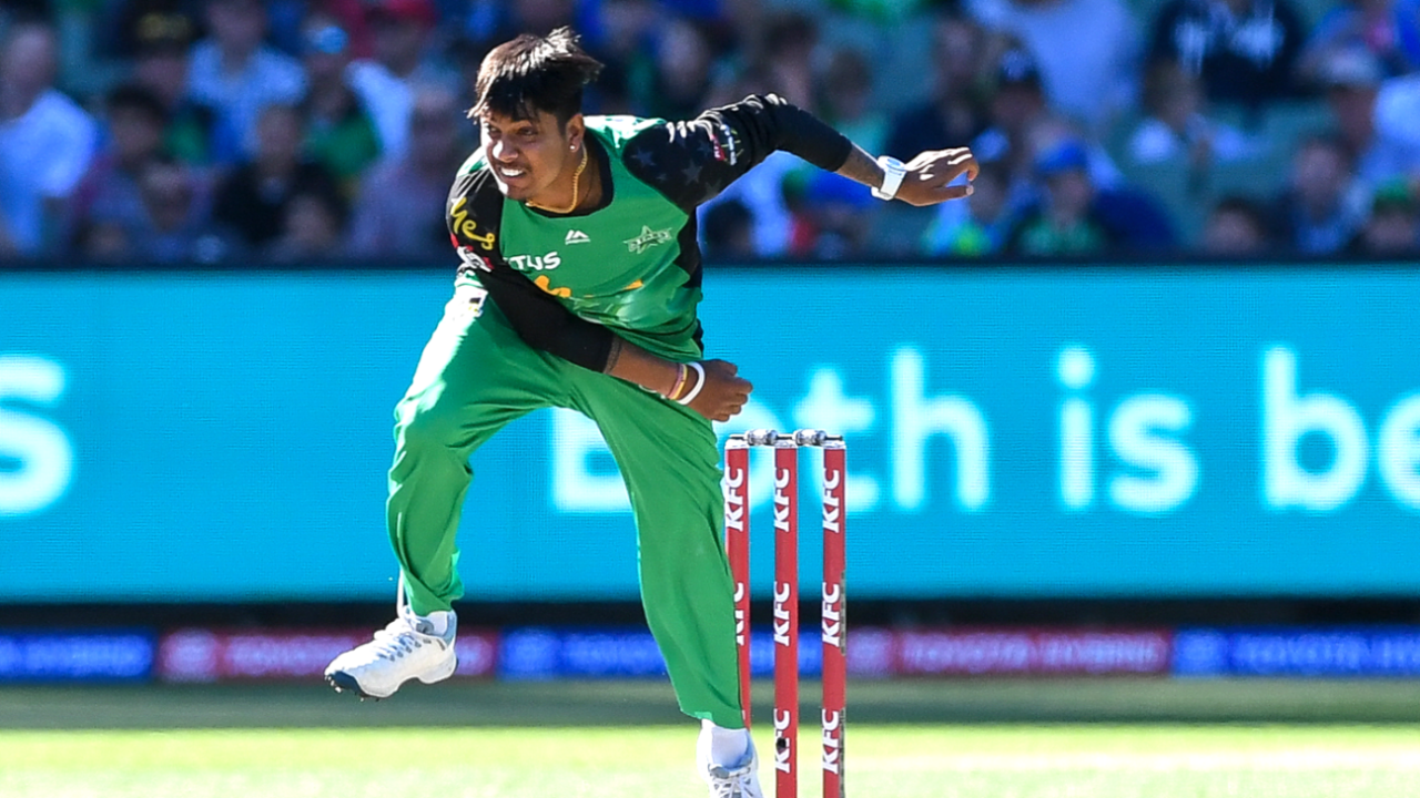 Sandeep Lamichhane in his follow through, BBL 2018-19, Melbourne Stars v Sydney Sixers, Melbourne, February 10, 2019