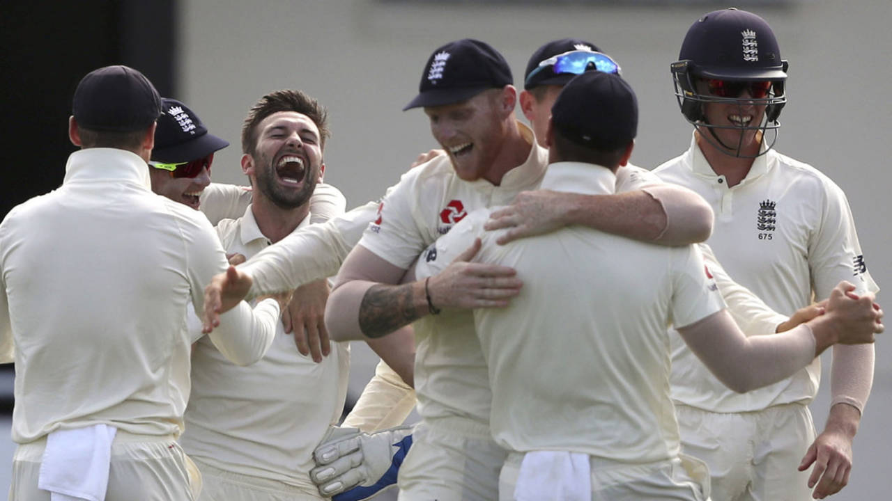 England erupt in celebration after Mark Wood strikes, West Indies v England, 3rd Test, St Lucia, 2nd day, February 10, 2019