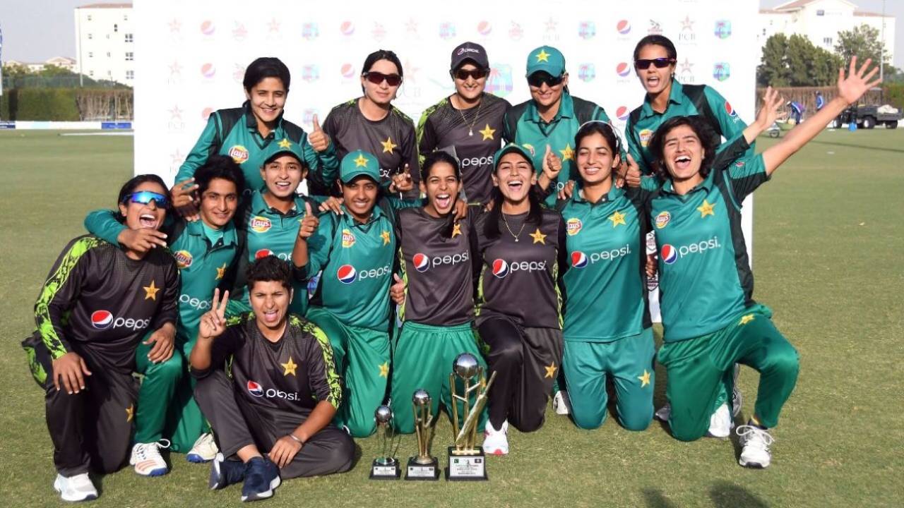 The victorious Pakistan women pose with the trophy after beating West Indies women for the first time in an ODI series, Pakistan women v West Indies women, 3rd ODI, Dubai