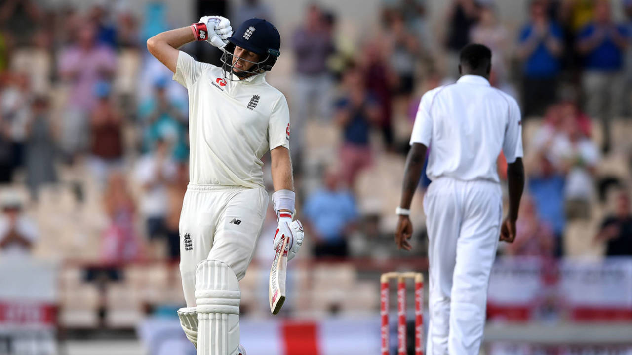Joe Root celebrates his 16th Test hundred, West Indies v England, 3rd Test, St Lucia, 3rd day, February 11, 2019