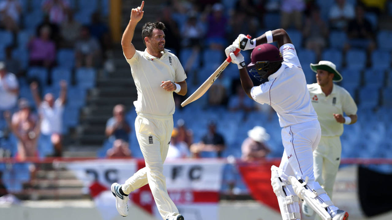 James Anderson celebrates taking the wicket of Darren Bravo, West Indies v England, 3rd Test, St Lucia, 4th day, February 12, 2019