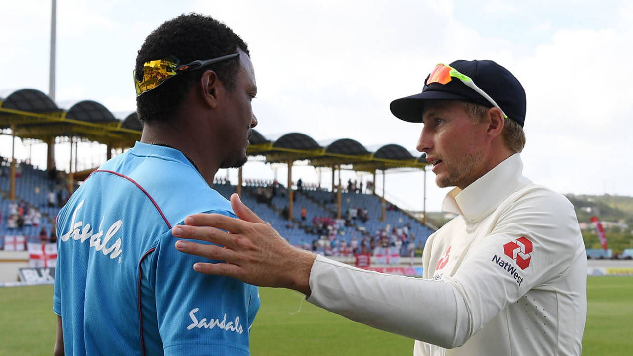 Joe Root and Shannon Gabriel shake hands at the end of the St Lucia Test, West Indies v England, 3rd Test, St Lucia, 4th day, February 12, 2019