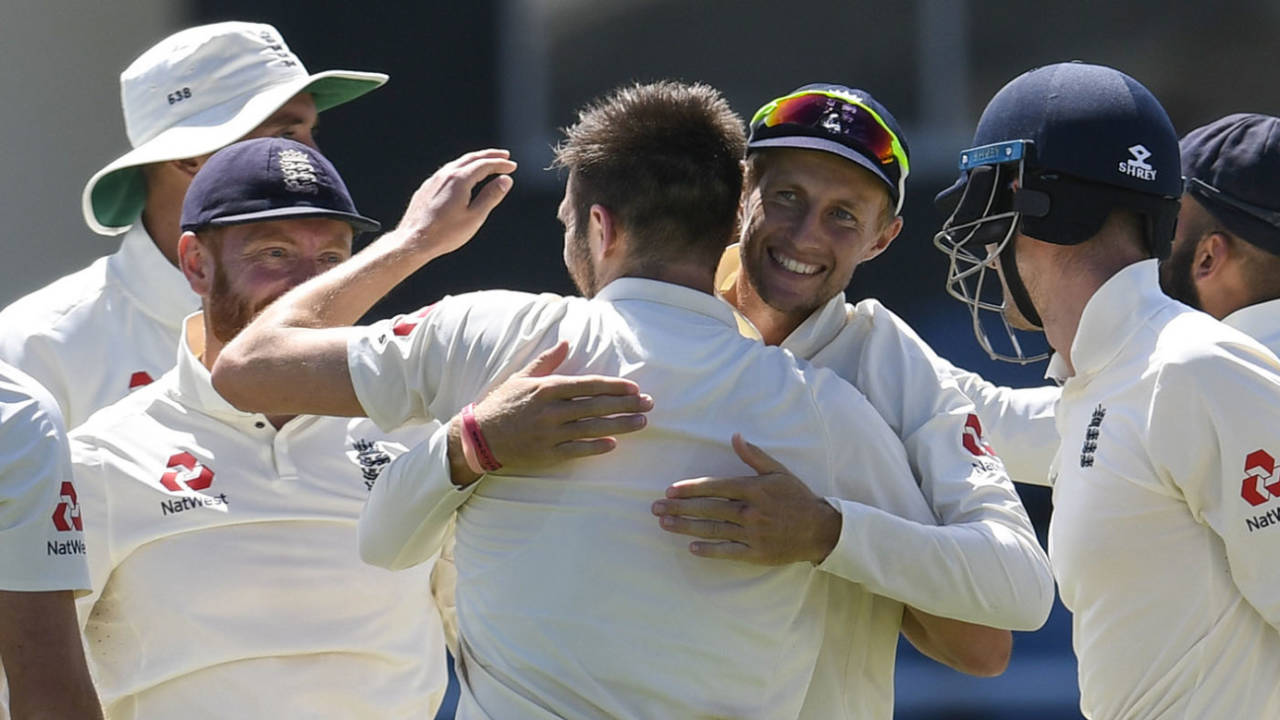 Joe Root hugs Mark Wood in celebration for the dismissal of Shai Hope, West Indies v England, 3rd Test, St Lucia, 4th day, February 12, 2019