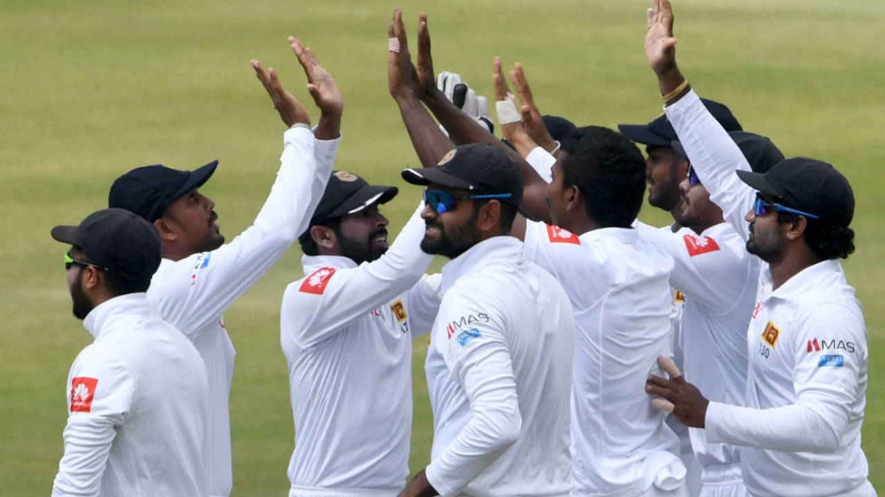 Vishwa Fernando celebrates the wicket of Aiden Markram, South Africa v Sri Lanka, 1st Test, Durban, 1st day, February 13, 2019