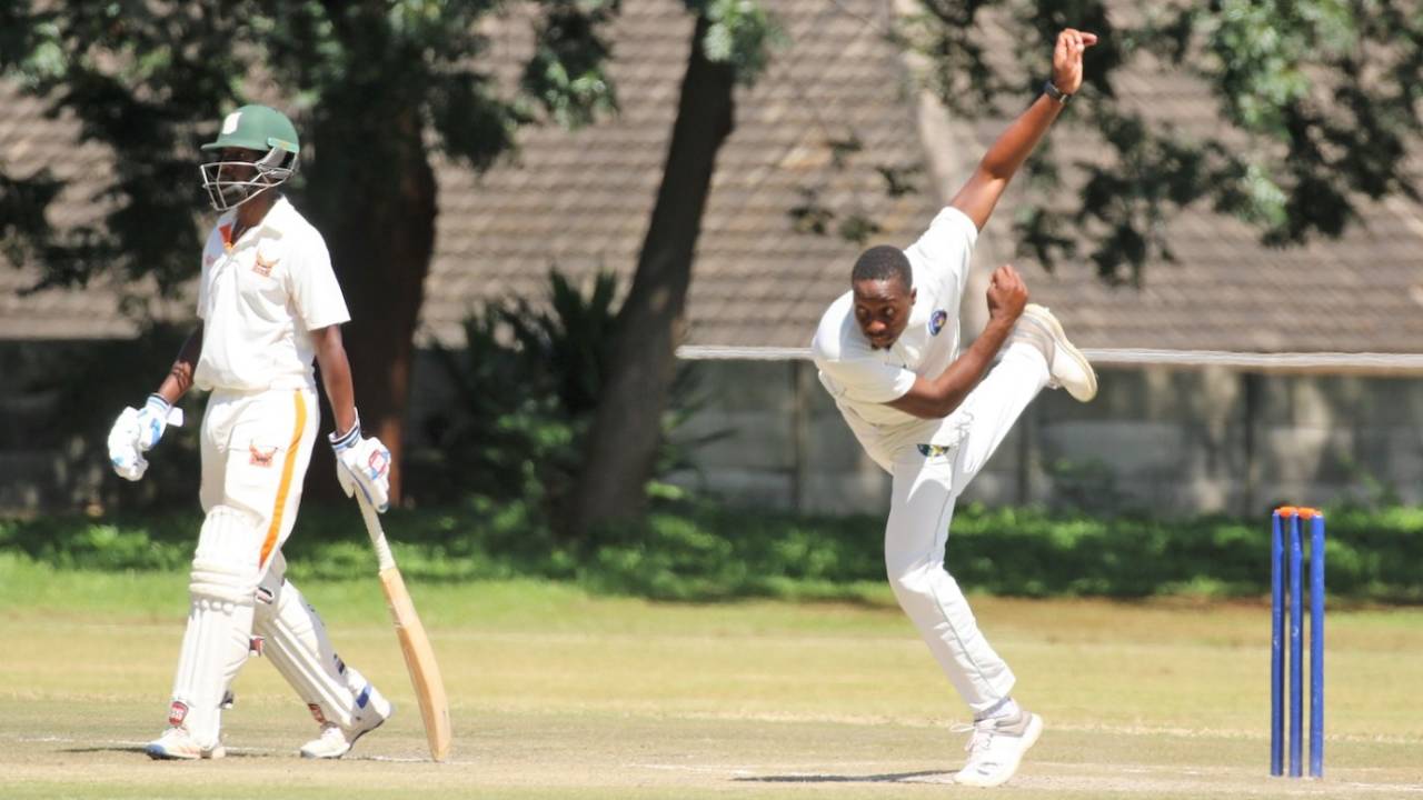Shingi Masakadza in his follow through, Mountaineers v Mashonaland Eagles, Logan Cup 2018-19, Harare February 10, 2019
