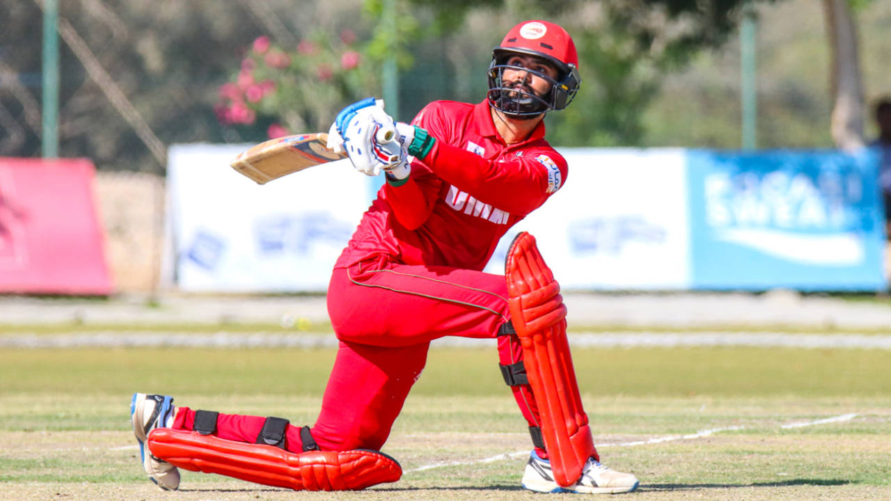 Jatinder Singh connects with a reverse sweep for a boundary, Oman v Netherlands, Oman Quadrangular T20I Series, Al Amerat, February 15, 2019