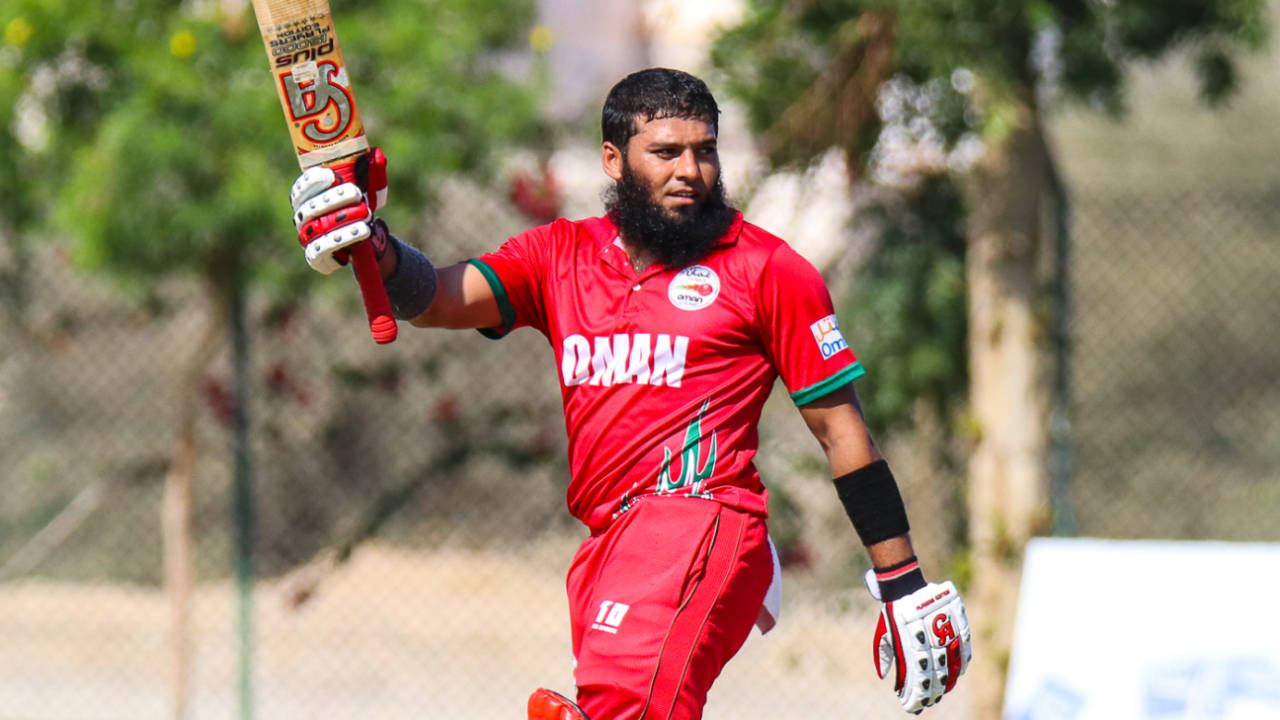 Khurram Nawaz salutes the home crowd after reaching his maiden T20I fifty, Oman v Netherlands, Oman Quadrangular T20I Series, Al Amerat, February 15, 2019