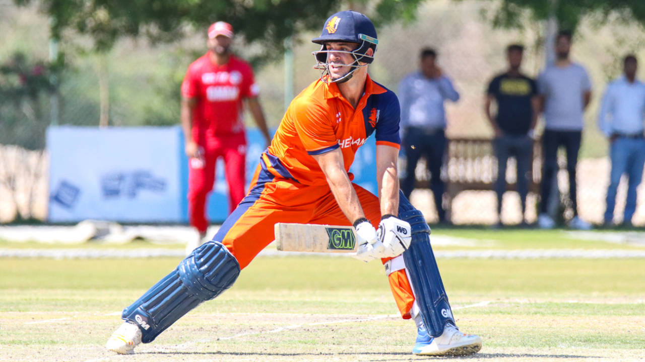 Ryan ten Doeschate uses the back of his blade to hit a reverse sweep for four, Oman v Netherlands, Oman Quadrangular T20I Series, Al Amerat, February 15, 2019
