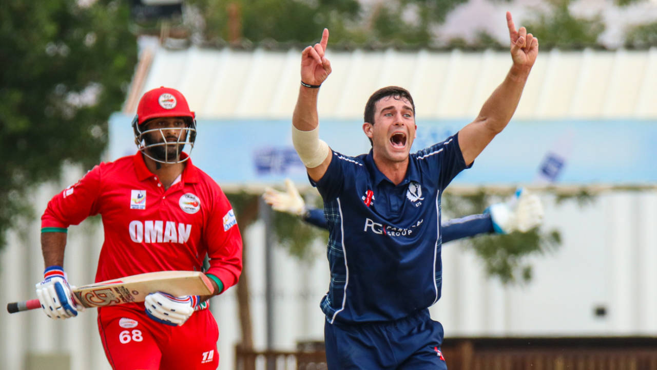 Ruaidhri Smith nabs Khawar Ali with a successful lbw appeal during his spell of 4 for 7, Oman v Scotland, Al Amerat, February 19, 2019