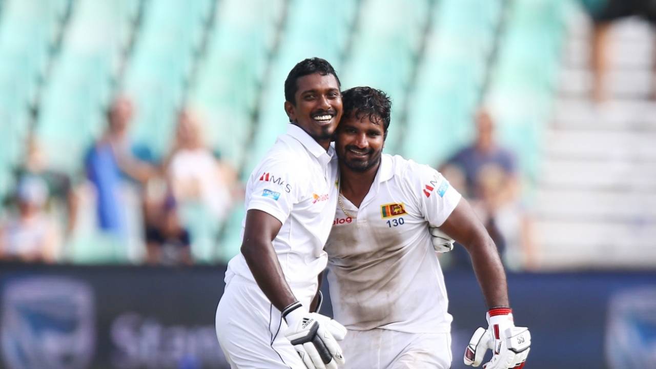 Kusal Perera and Vishwa Fernando celebrate a sensational Sri Lanka win, South Africa v Sri Lanka, 1st Test, Durban, 4th day, February 16, 2019