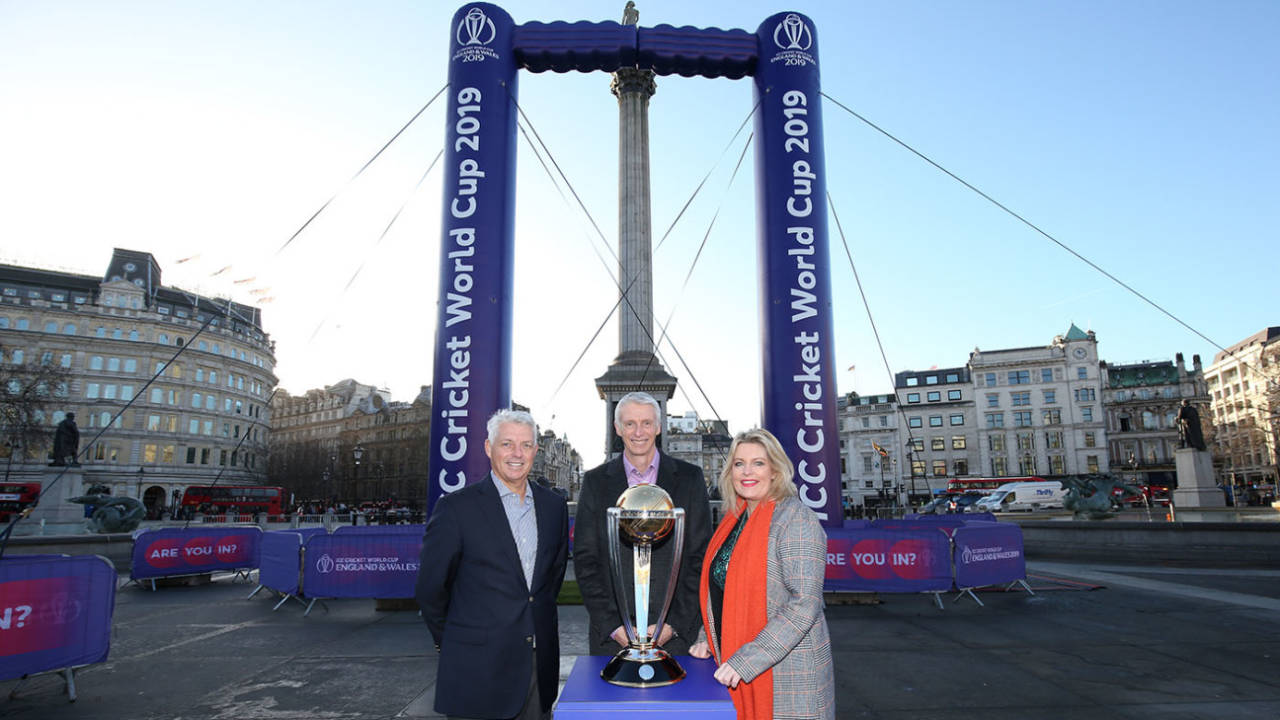 David Richardson, Steve Elworthy and UK sports minister Mims Davies at an event marking the 100-day countdown to the World Cup, London, February 19, 2019