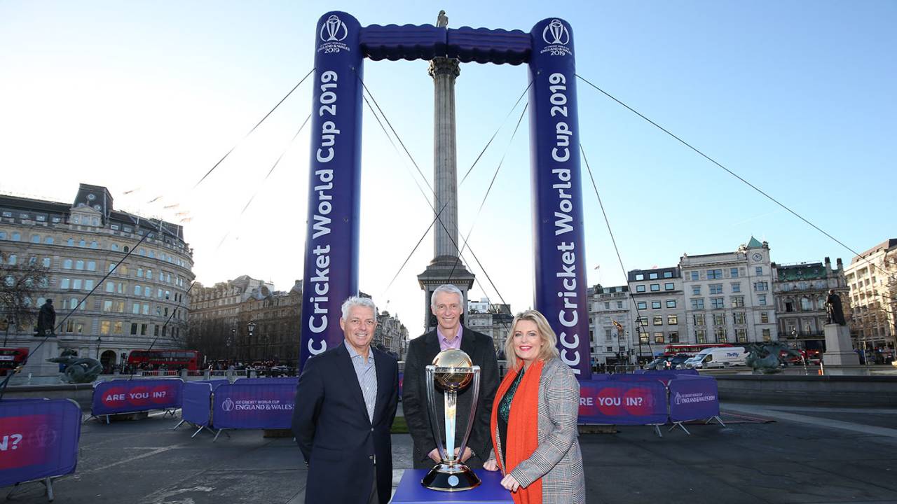 David Richardson, Steve Elworthy and UK sports minister Mims Davies at an event marking the 100-day countdown to the World Cup, London, February 19, 2019