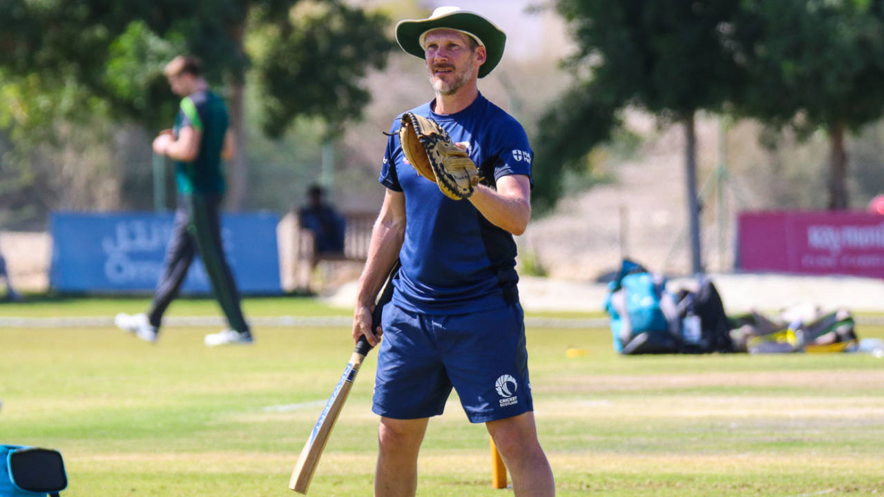 Toby Bailey leads Scotland's squad through a fielding drill before the start of play, Ireland v Scotland, Oman Quadrangular T20I Series, Al Amerat, February 15, 2019 